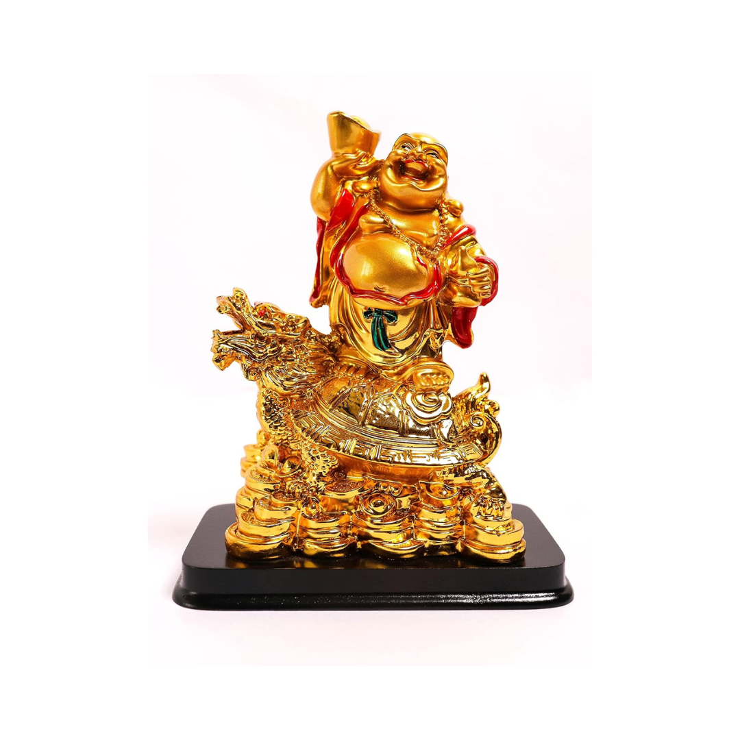Golden Laughing Buddha Holding Ingot & Wu Lou Idol on Dragon - 6.5 Inch