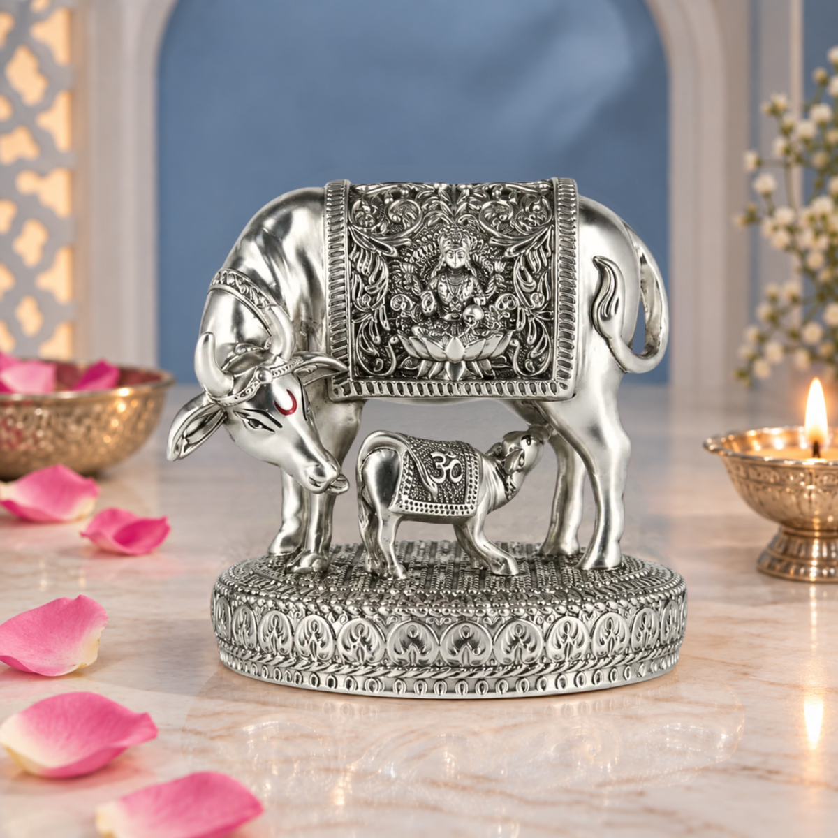 999 Silver Plated Kamdhenu Cow with Calf Vastu | Gau MATA Idol |  Diwali Gift | कामधेनु | Wish Fulfilling Murti | Wedding |