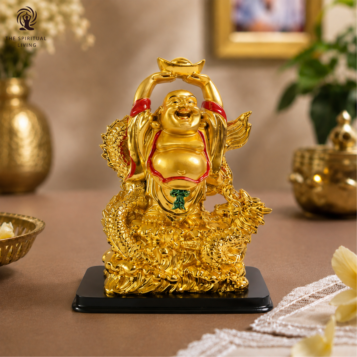 Golden Laughing Buddha Holding Ingot on Dragon  6.5 inch