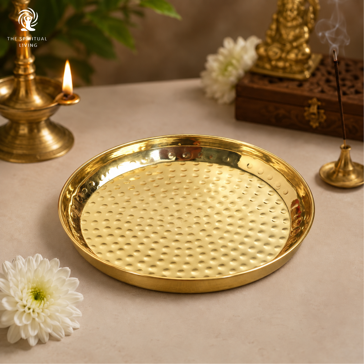 Pooja Thali Brass | 8 Inch | Pital Plate | | Hammered Design | for Pooja | Temple | | Aarti | Wedding |