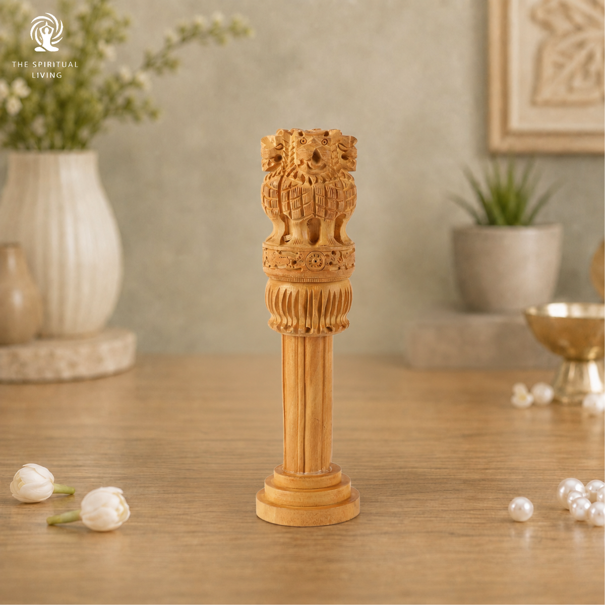 Wooden Hand Carved Ashoka Pillar | 6Inch | Table Top Decor Showpiece Statue with Lucky Coin |