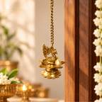 Peacock Five Oil Wick Brass Hanging Diya