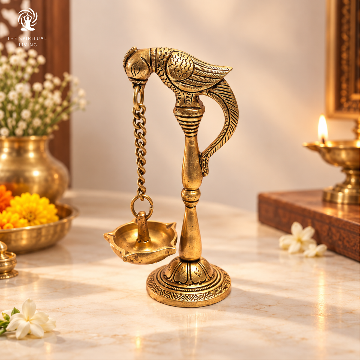 Ethnic Parrot with Carved Legs Five Oil Wick Brass Diya