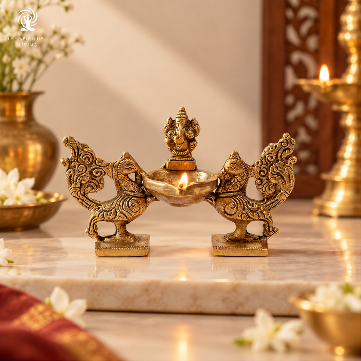 Brass Two Peacock and Ganpati in Middle Showpiece Diya | Diwali | Deepam Kundulu | Home and Office |