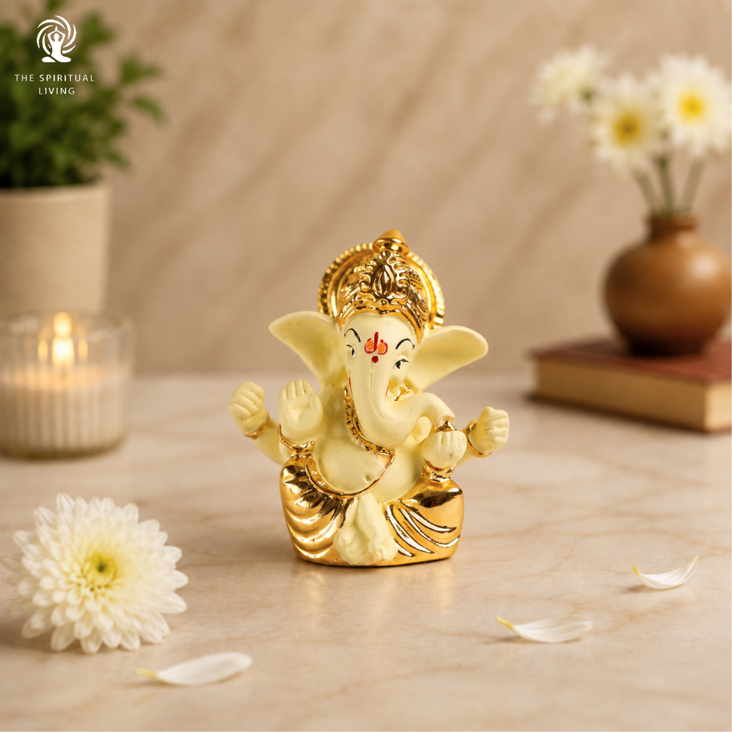 Gold Plated Mukut Ganesh Idol for Car Dashboard | 2.5 Inch | Home Decor | Office | Showpeice | Housewarming Gift |