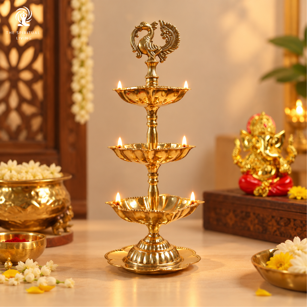 Three Tiered Brass Peacock Diya - 8.5 Inch - 3 Layer Diya Stand