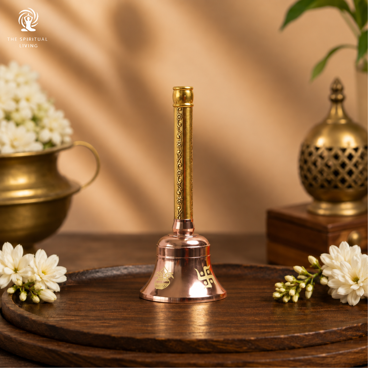 The Spiritual Living Premium Brass Bell | 5.5 Inch | Swastik & Kalash | Handbell for Pooja | | Decoration Items |