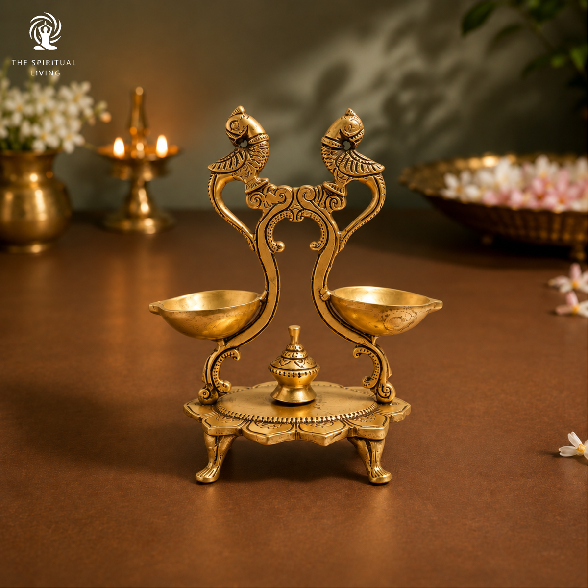 Brass Twin Peacock Oil Wick Diya - 7 Inch