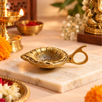 Brass Pooja Diya with Handle | 3.5 Inch | Stand for Pooja |  Kerala Style Oil Lamp |