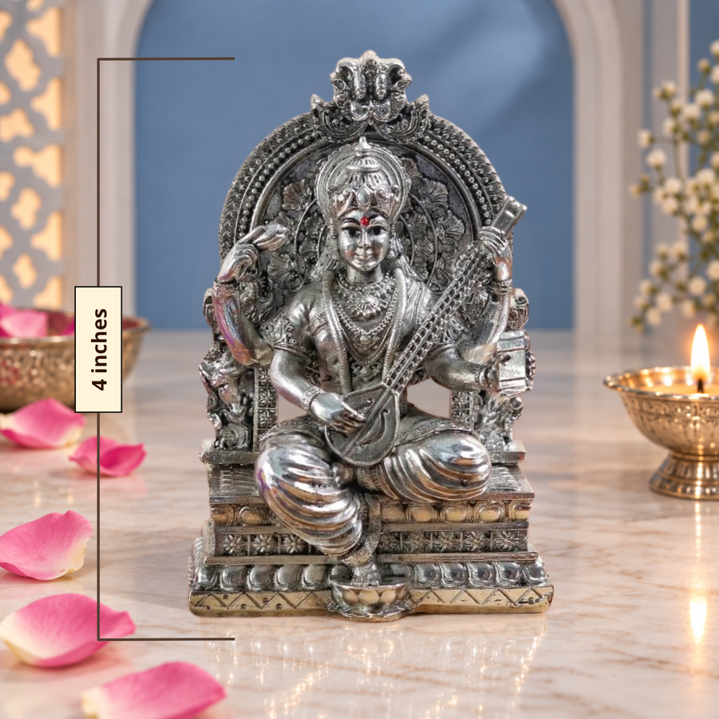 999 Pure Silver Plated Saraswati Idol | 4 Inch