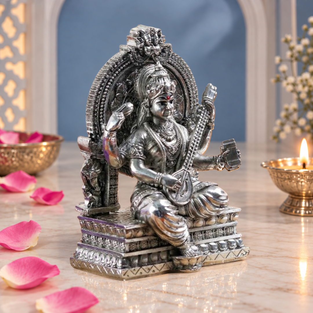 999 Pure Silver Plated Saraswati Idol | 4 Inch