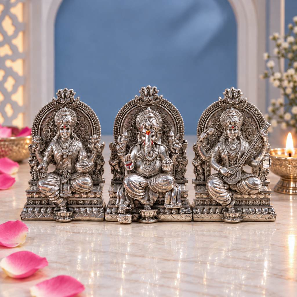 999 Silver Plated Laxmi Ganesh Saraswati Murti | 4 Inch | House Warming Gifts | Vastu | Idol |