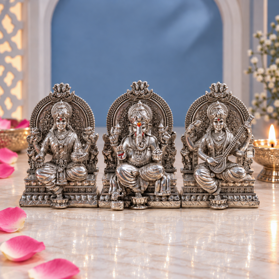 999 Silver Plated Laxmi Ganesh Saraswati Murti | 4 Inch | House Warming Gifts | Vastu | Idol |