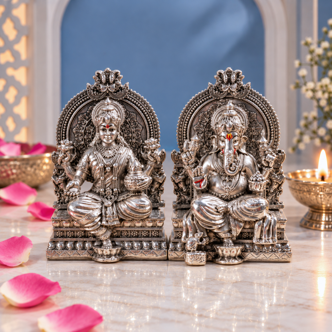 999 Silver Plated Laxmi Ganesh Saraswati Murti | 4 Inch | House Warming Gifts | Vastu | Idol |