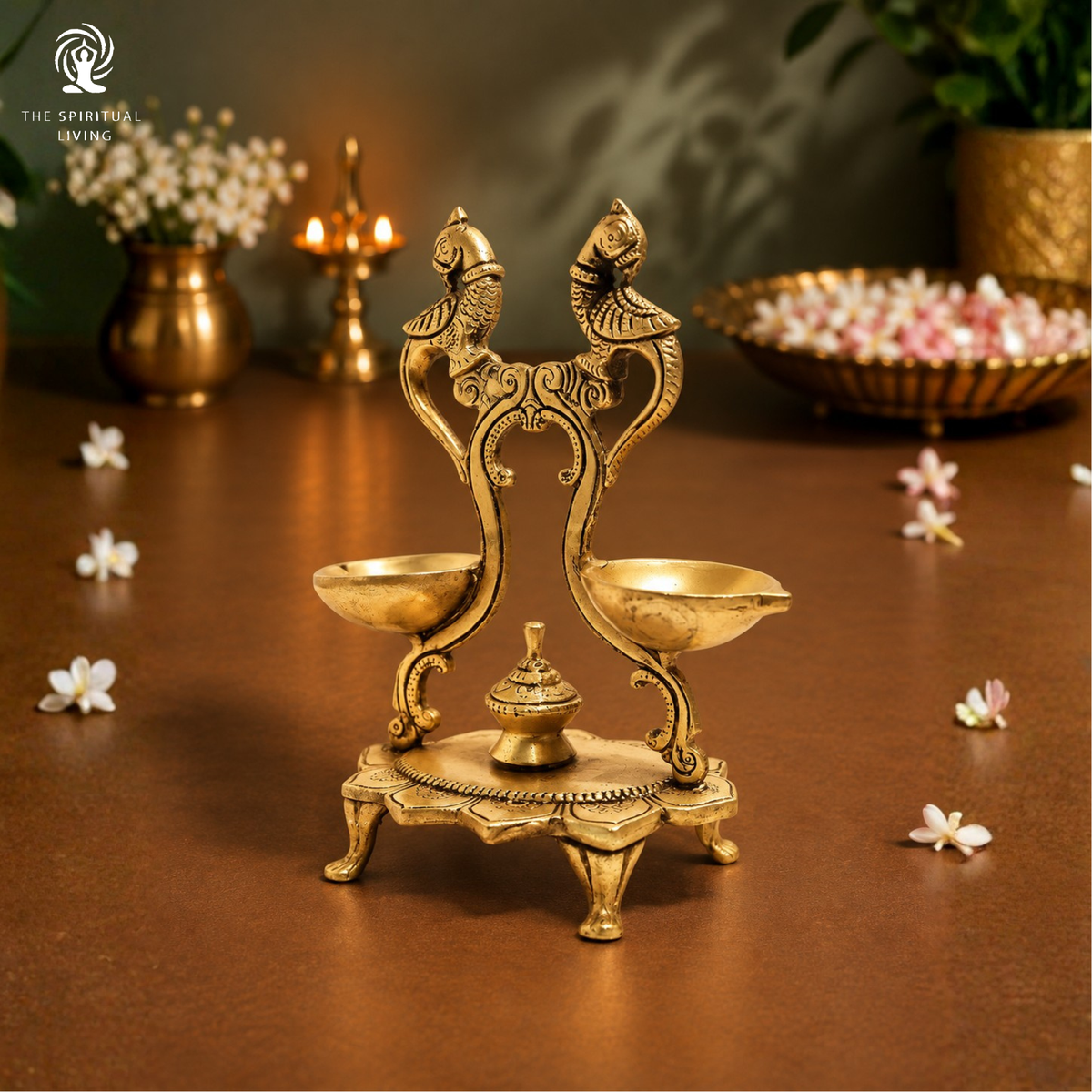 Brass Twin Peacock Oil Wick Diya - 7 Inch