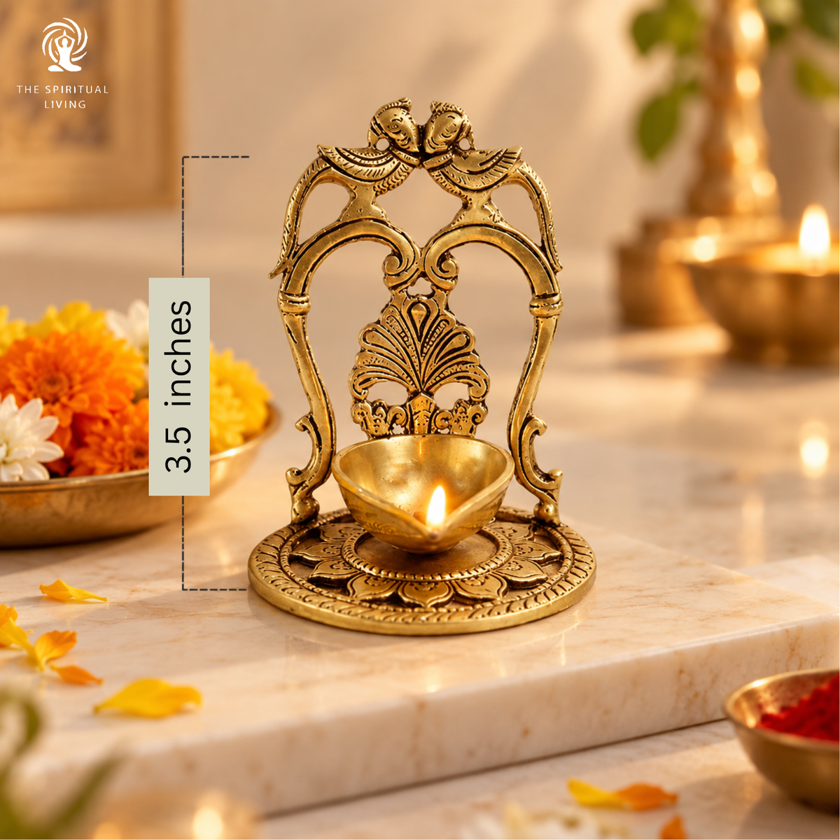 Brass 2 Peacock on The Side Over Carving Table Diya with Base | 3.5 Inch | Pooja | Diwali | Brass Diya |