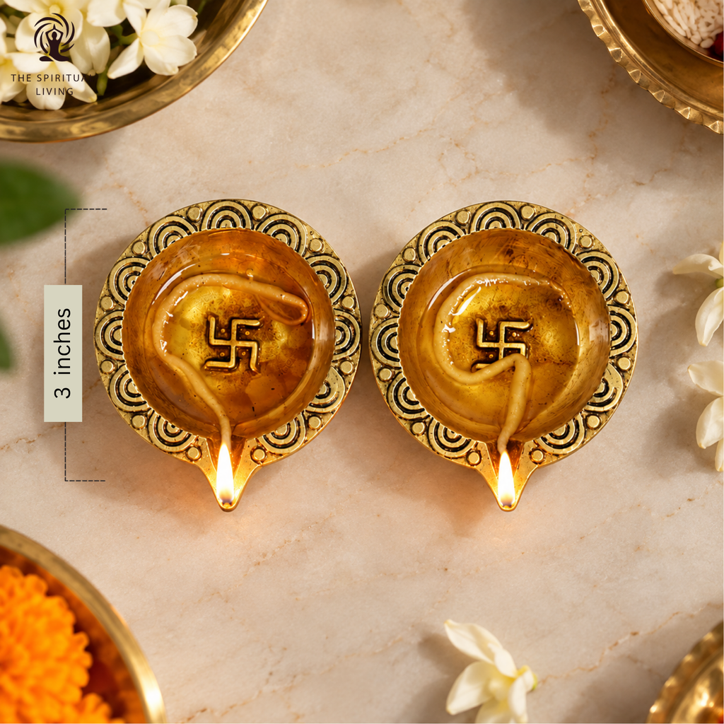 Brass Diya with Swastik & Om |  3 Inch | Pack Of - 2 | Oil Wick Diya | Pooja | Diwali | Housew |