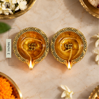 Brass Diya with Swastik & Om |  3 Inch | Pack Of - 2 | Oil Wick Diya | Pooja | Diwali | Housew |