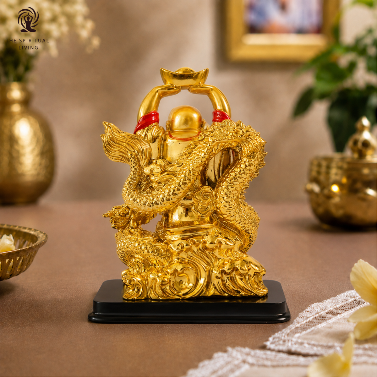 Golden Laughing Buddha Holding Ingot on Dragon  6.5 inch