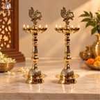 Brass Peacock Oil Wick Diya - 9 Inch - Pack of 2