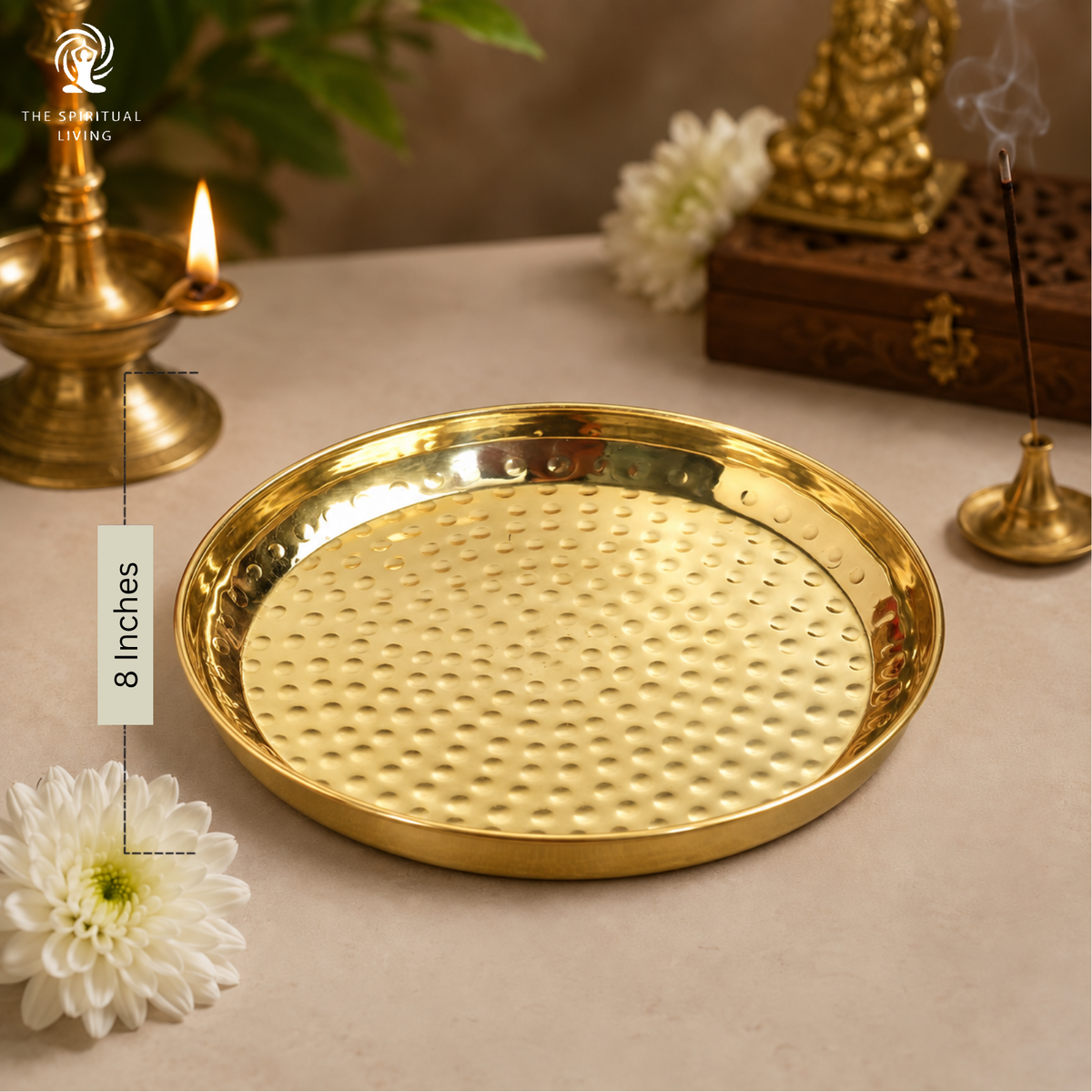 Pooja Thali Brass | 8 Inch | Pital Plate | | Hammered Design | for Pooja | Temple | | Aarti | Wedding |