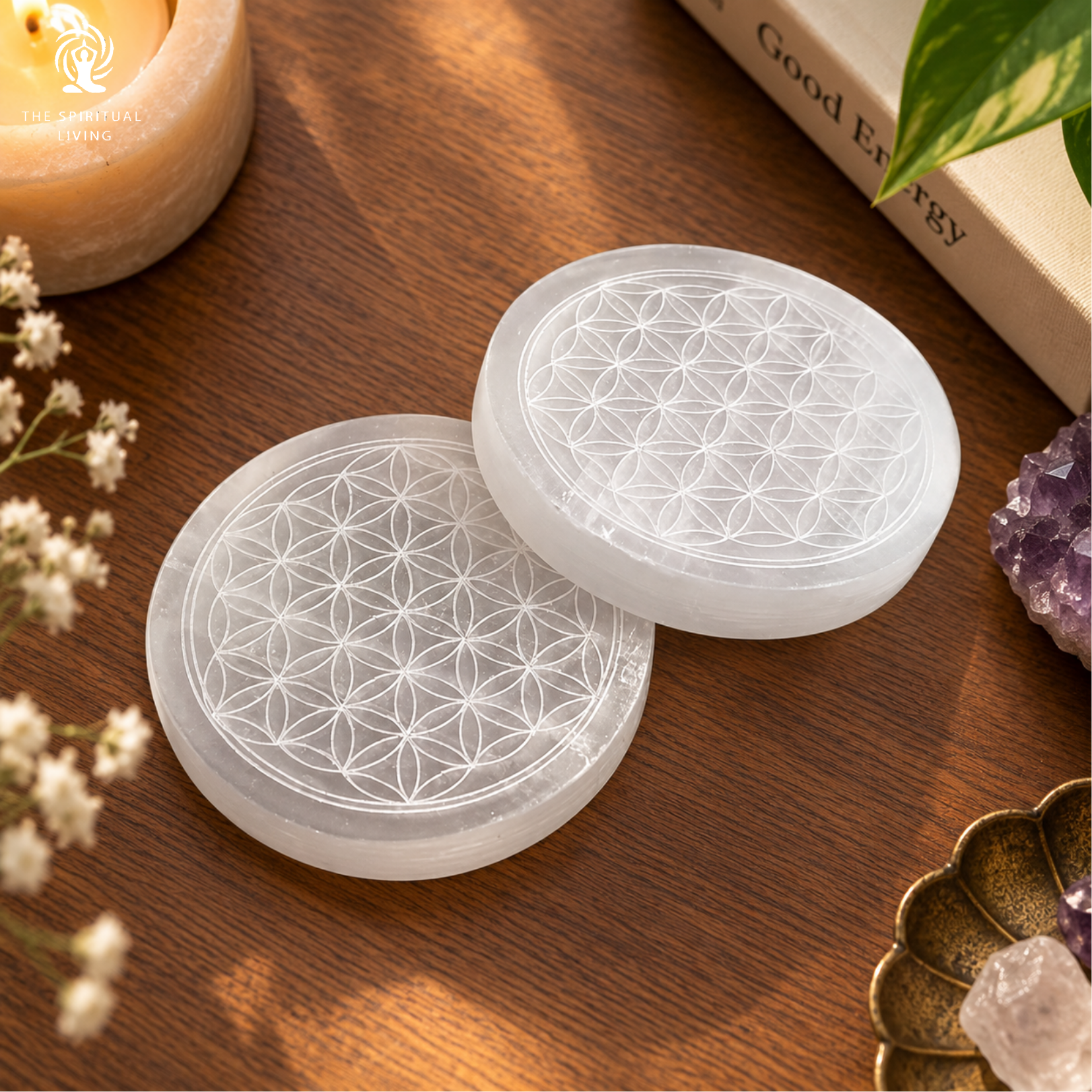 Natural Selenite Flower of Life Charging Plate