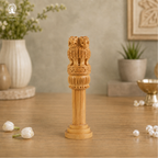 Wooden Hand Carved Ashoka Pillar | 6Inch | Table Top Decor Showpiece Statue with Lucky Coin |