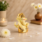 Gold Plated Mukut Ganesh Idol for Car Dashboard | 2.5 Inch | Home Decor | Office | Showpeice | Housewarming Gift |