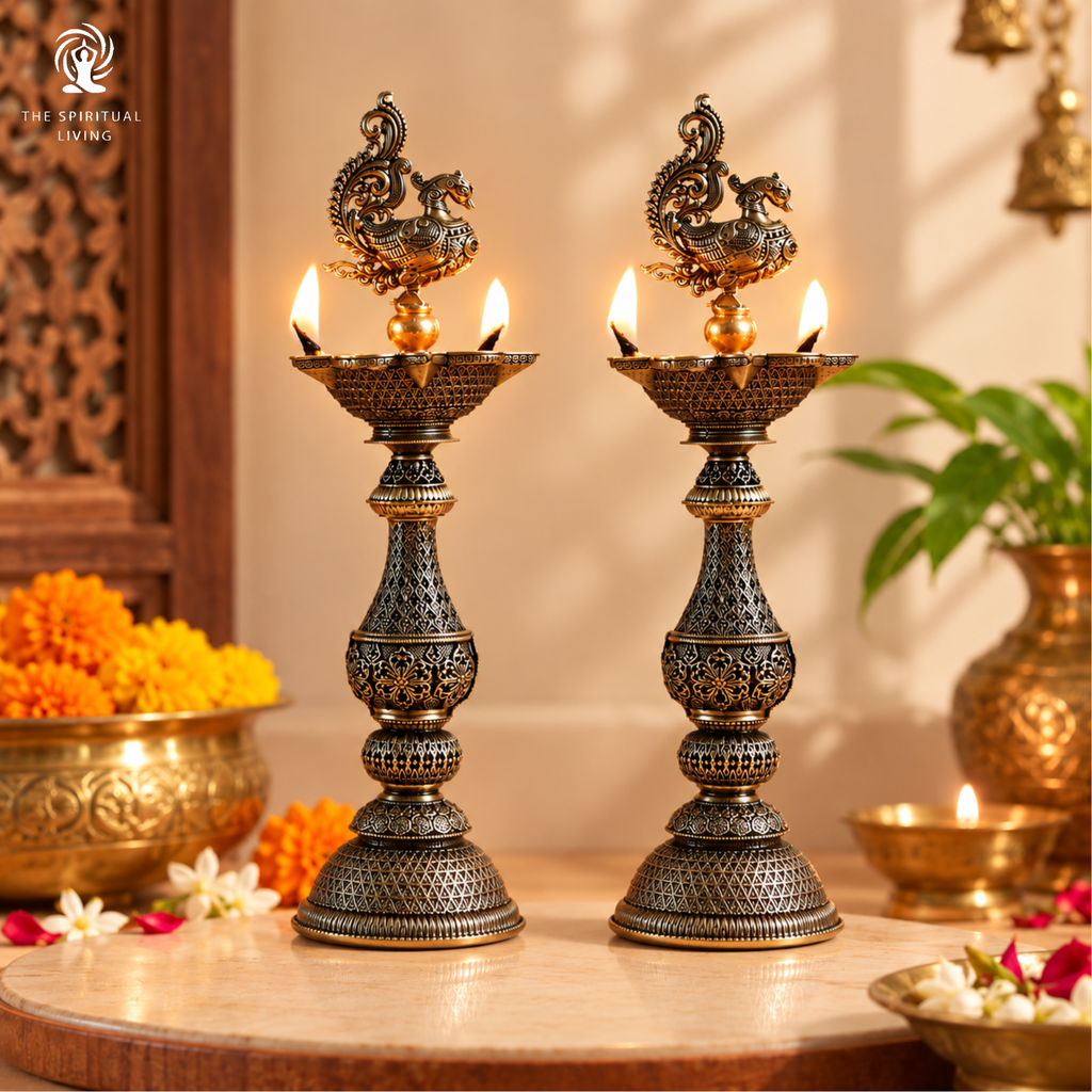 Peacock Diya | 8 Inch | Peacock Samai Pair Diya Stand | Kerala Kuthu Vilakku |