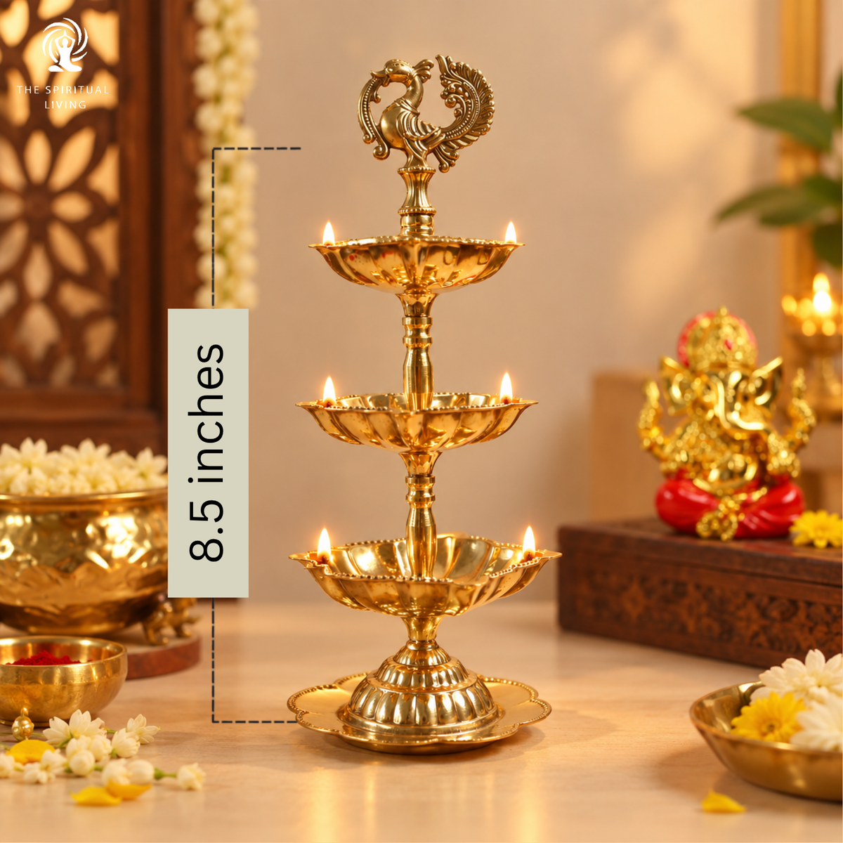 Three Tiered Brass Peacock Diya - 8.5 Inch - 3 Layer Diya Stand