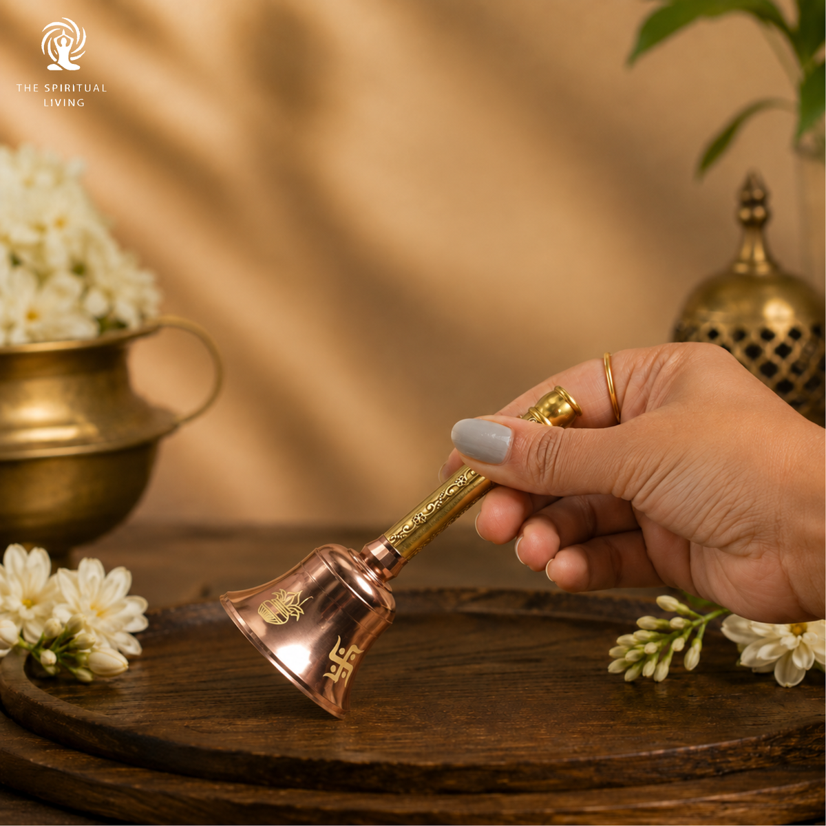 The Spiritual Living Premium Brass Bell | 5.5 Inch | Swastik & Kalash | Handbell for Pooja | | Decoration Items |