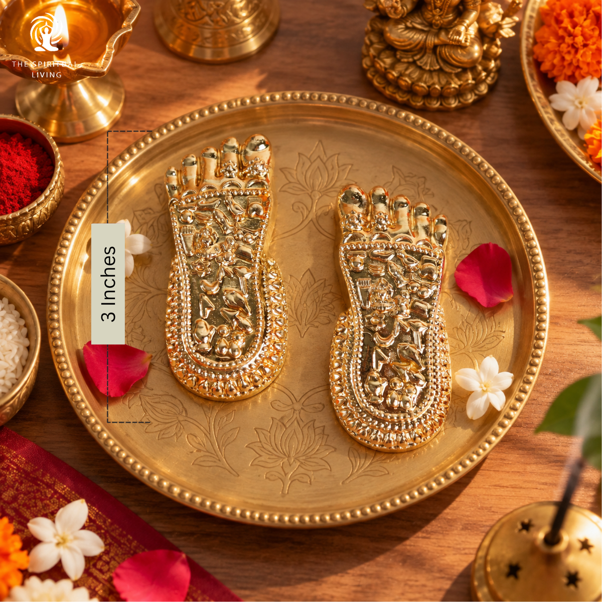 Gold Plated Charan Paduka | 3 Inch | Paduka for Puja |  Maa Laxmi | Diwali Gift | House Warming |