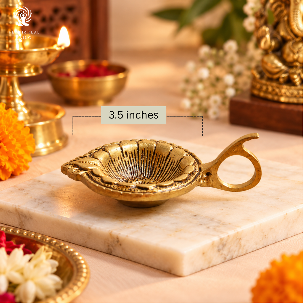 Brass Pooja Diya with Handle | 3.5 Inch | Stand for Pooja |  Kerala Style Oil Lamp |