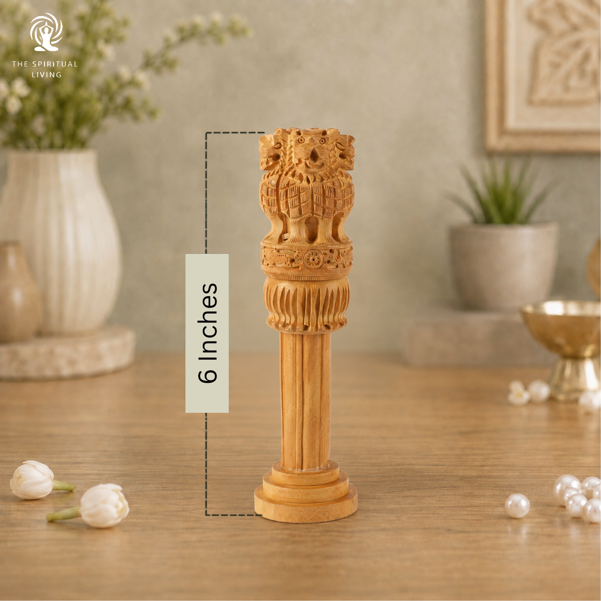 Wooden Hand Carved Ashoka Pillar | 6Inch | Table Top Decor Showpiece Statue with Lucky Coin |