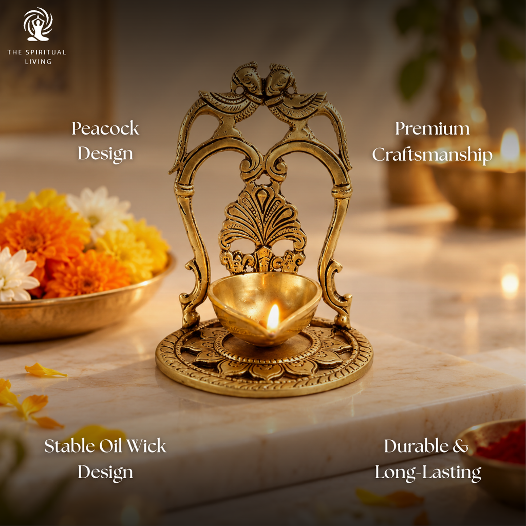 Brass 2 Peacock on The Side Over Carving Table Diya with Base | 3.5 Inch | Pooja | Diwali | Brass Diya |