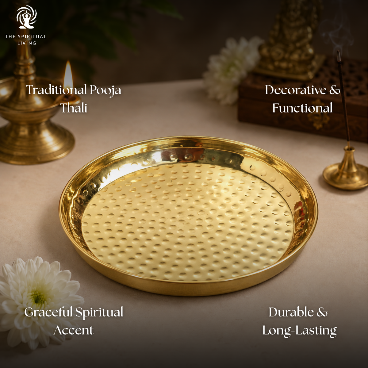 Pooja Thali Brass | 8 Inch | Pital Plate | | Hammered Design | for Pooja | Temple | | Aarti | Wedding |