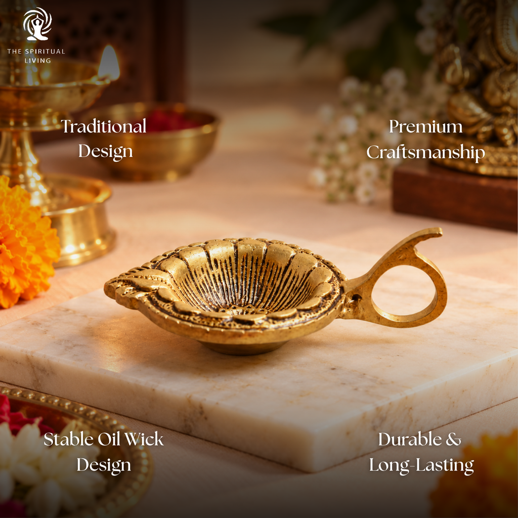 Brass Pooja Diya with Handle | 3.5 Inch | Stand for Pooja |  Kerala Style Oil Lamp |