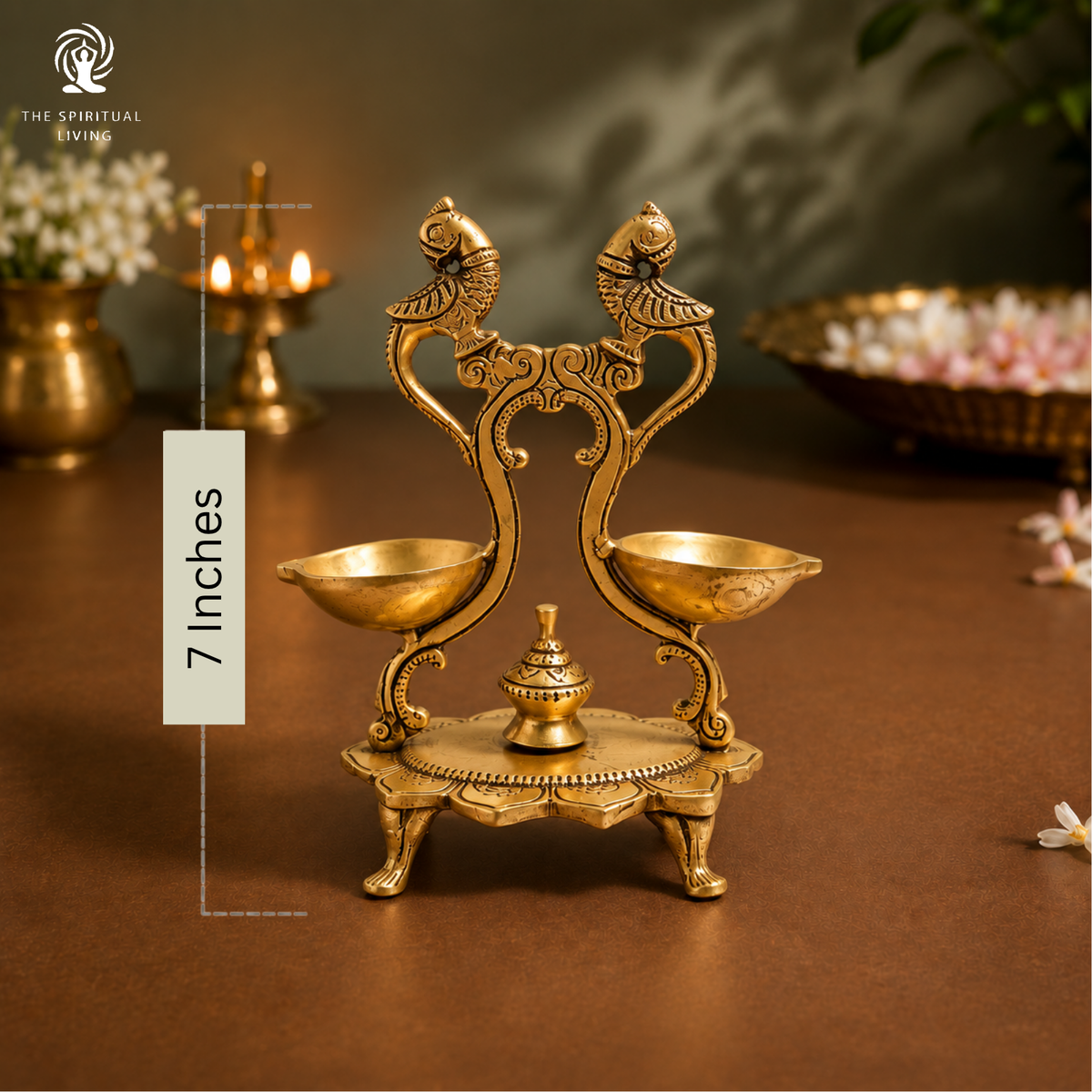 Brass Twin Peacock Oil Wick Diya - 7 Inch