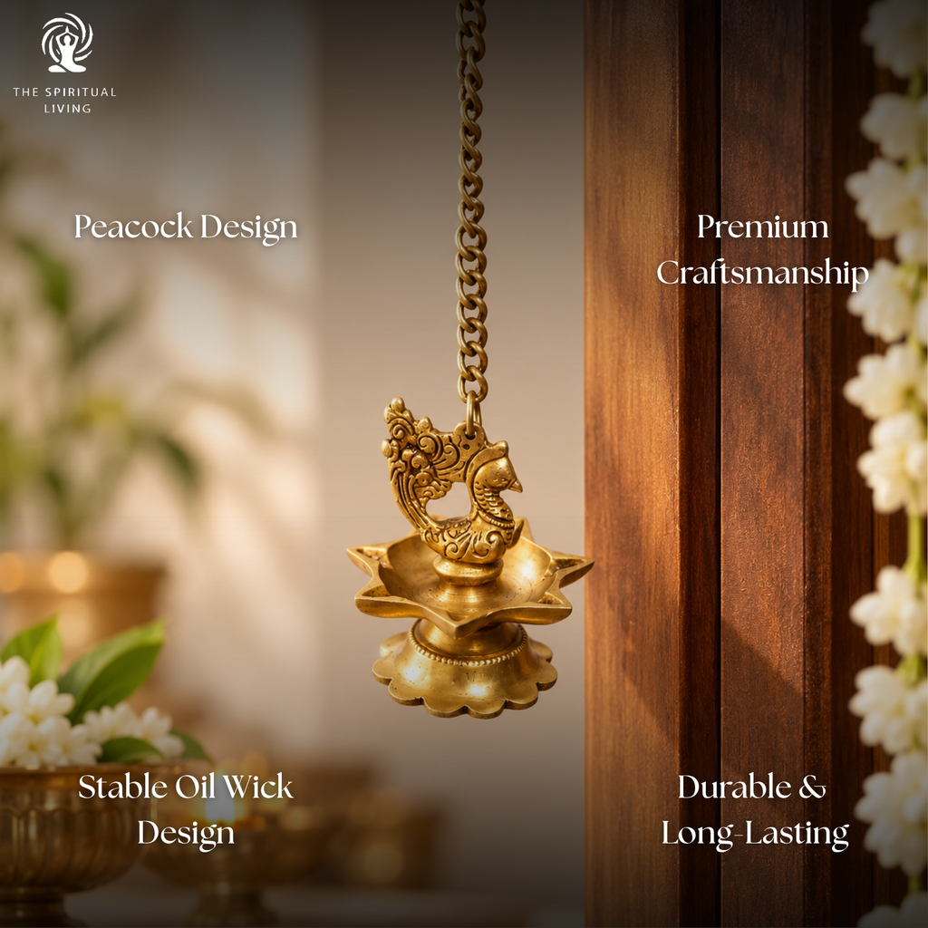 Peacock Five Oil Wick Brass Hanging Diya