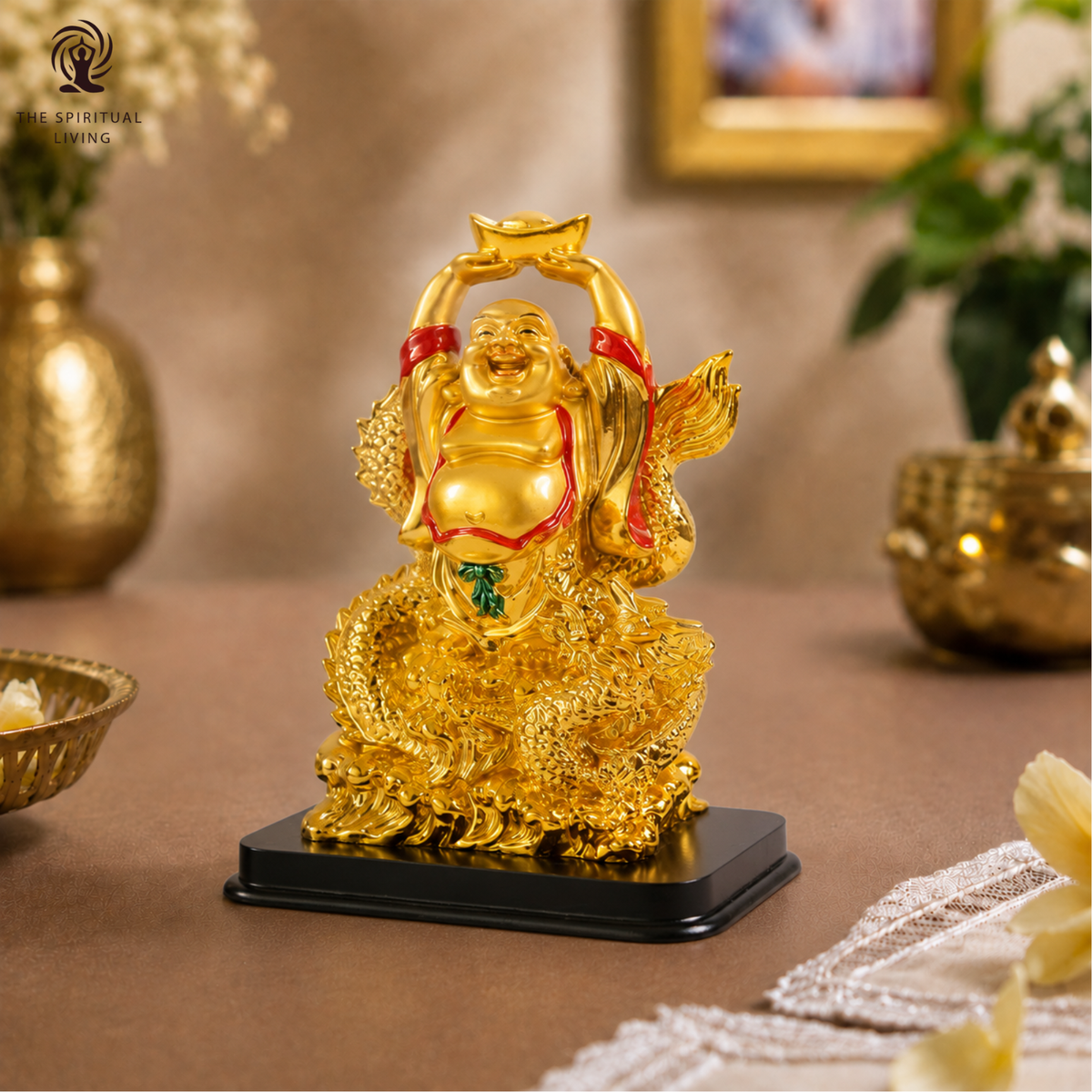 Golden Laughing Buddha Holding Ingot on Dragon  6.5 inch