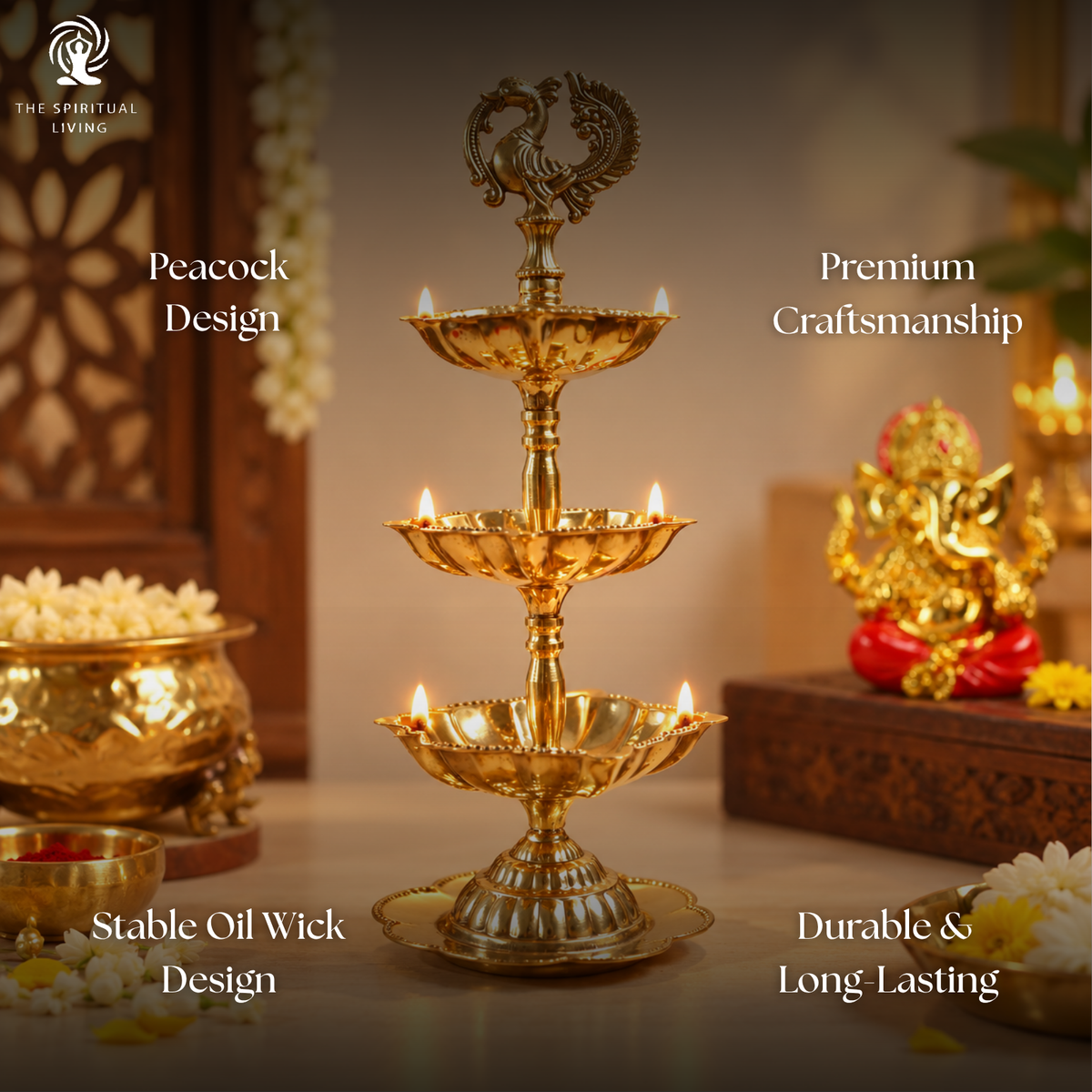 Three Tiered Brass Peacock Diya - 8.5 Inch - 3 Layer Diya Stand
