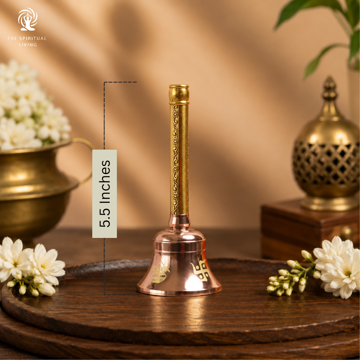 The Spiritual Living Premium Brass Bell | 5.5 Inch | Swastik & Kalash | Handbell for Pooja | | Decoration Items |