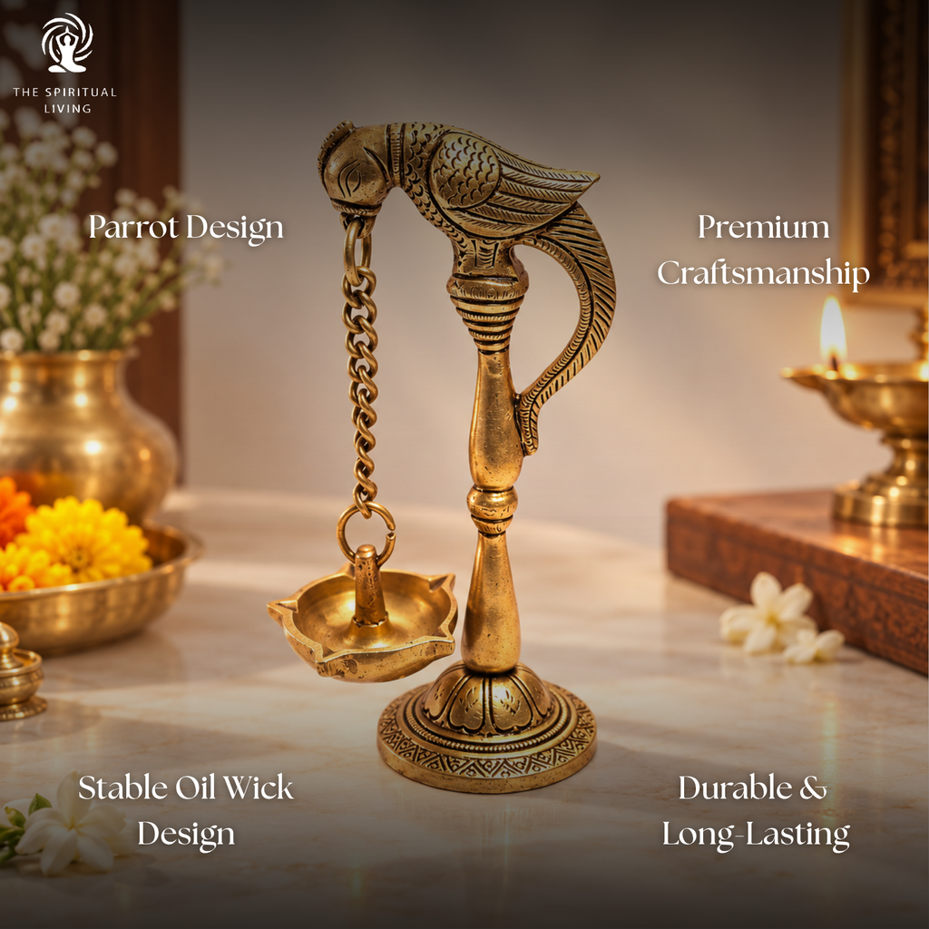 Ethnic Parrot with Carved Legs Five Oil Wick Brass Diya