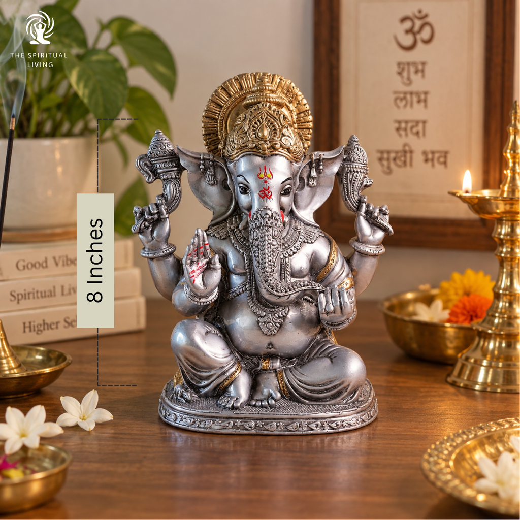 Ganesh Ji Decoration Items for Home | 8 Inch | Murti | Ganpati Idol  | Silver & Golden | Ideal for Gifting