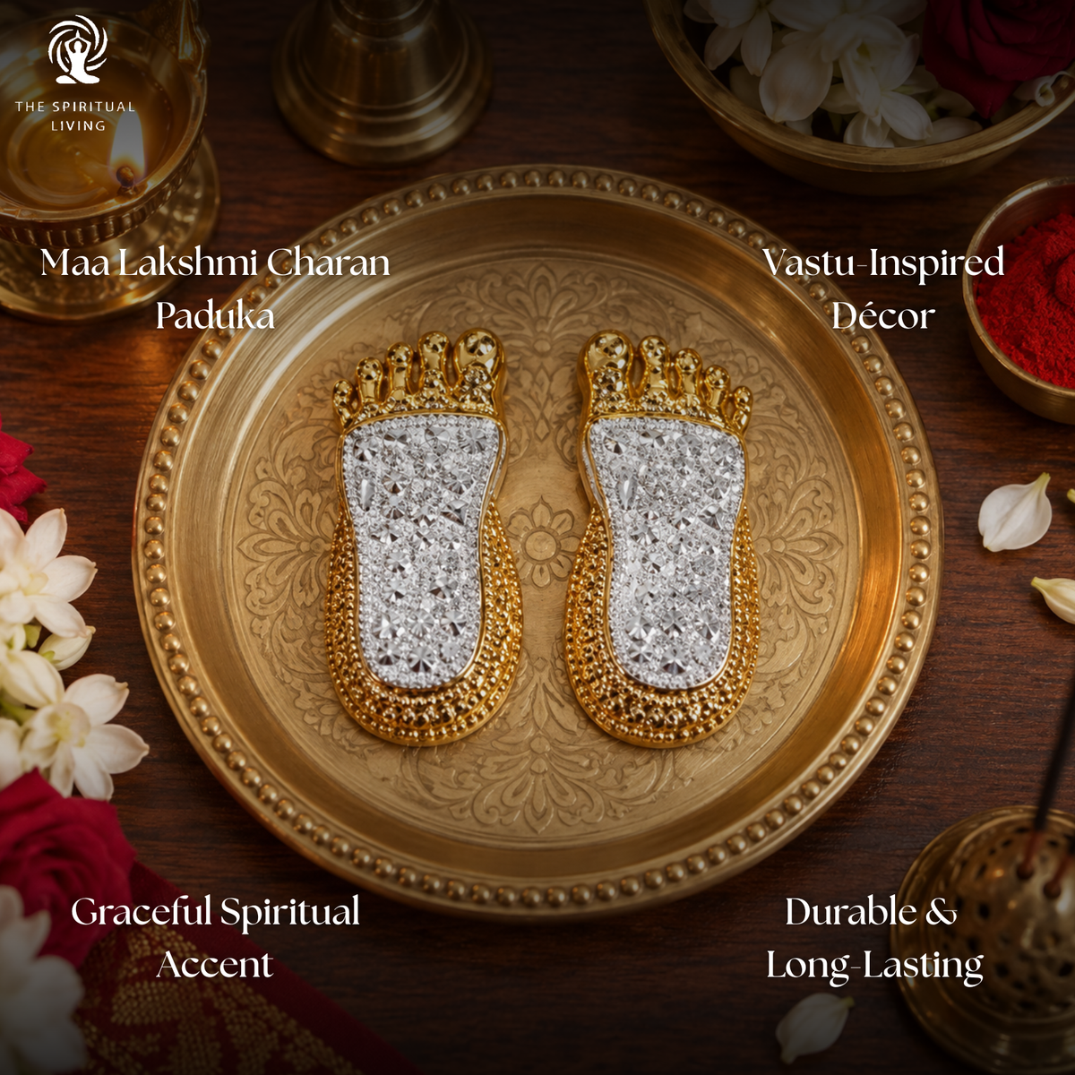 Luxe Laxmi Charan Paduka | 3 Inch | Ideal for Maa Lakshmi Puja | Vastu & Mandir Pooja Room | Office | Home | Business |
