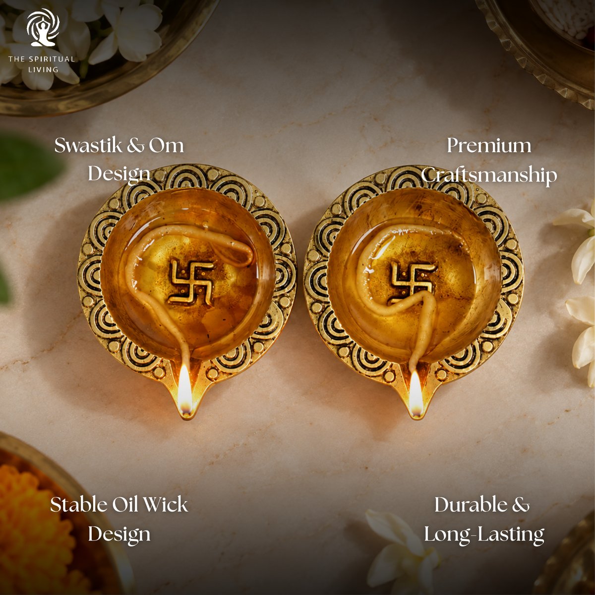 Brass Diya with Swastik & Om |  3 Inch | Pack Of - 2 | Oil Wick Diya | Pooja | Diwali | Housew |