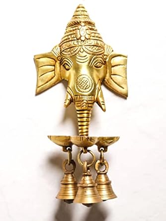 Ganpati Style Three Oil Wick (Brass Diya with Bells) 9 inch