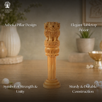 Wooden Hand Carved Ashoka Pillar | 6Inch | Table Top Decor Showpiece Statue with Lucky Coin |