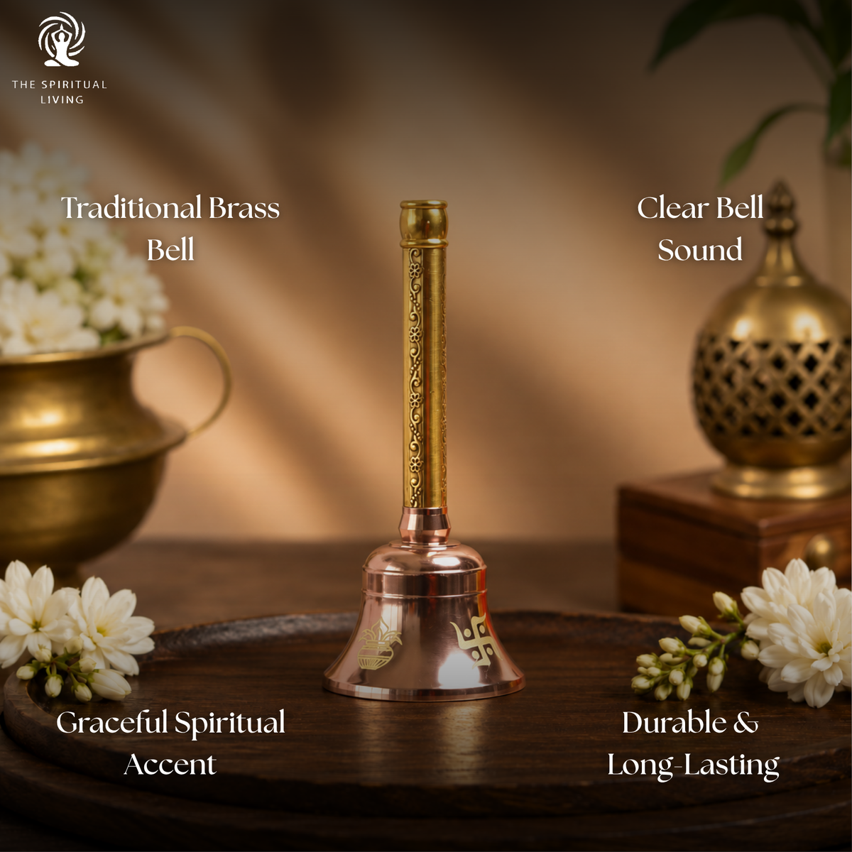 The Spiritual Living Premium Brass Bell | 5.5 Inch | Swastik & Kalash | Handbell for Pooja | | Decoration Items |