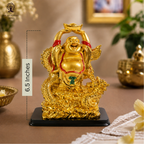 Golden Laughing Buddha Holding Ingot on Dragon  6.5 inch